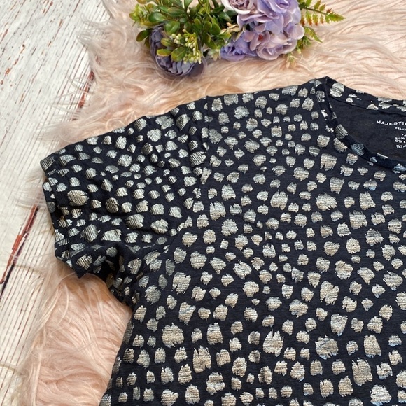 Majestic Filatures Deluxe Navy Linen Metallic Pattern Short Sleeve Tee sz 3 - Picture 2 of 9